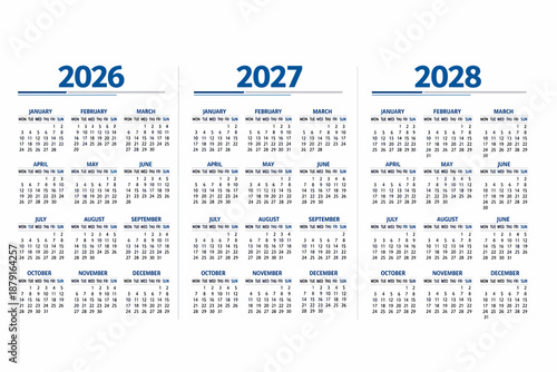 Three-year calendar for 2026, 2027 and 2028 in a compact format. Colourful