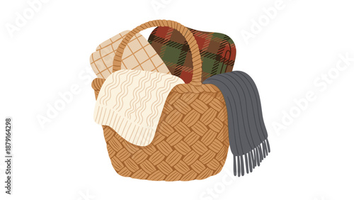 Woven basket filled with cozy blankets and throws in various patterns, symbolizing comfort, home decor, warmth, and inviting textiles for a relaxing and comfortable living space.