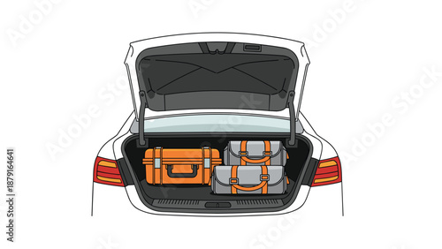 Open car trunk filled with neatly packed luggage, including hard cases and soft bags, symbolizing travel, vacation, road trips, and efficient packing for a journey.