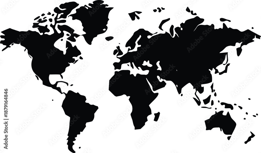 Obraz premium A black and white silhouette map of the world showing all continents