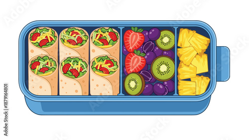 Colorful bento box filled with four healthy wraps, fresh strawberries, kiwi slices, grapes, and pineapple chunks, symbolizing nutritious meals, meal prep, and balanced eating for a vibrant diet.
