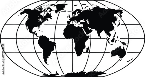 A black and white illustration of the world globe with latitude and longitude lines