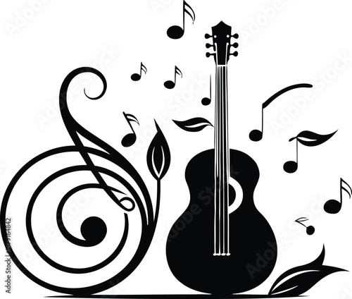 Guitar music illustration with treble clef and musical notes in black and white