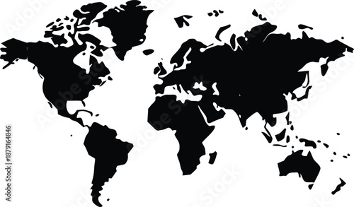 A black and white silhouette map of the world showing all continents