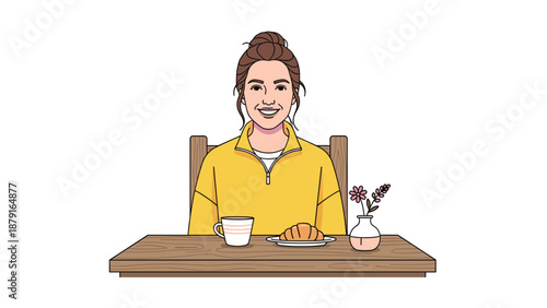 Smiling woman sitting at a table with a cup of coffee and a croissant, symbolizing a relaxed breakfast, morning routine, or a pleasant break in a cozy setting.