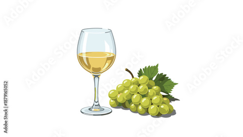 Elegant glass of white wine alongside a bunch of fresh green grapes, symbolizing fine dining, viticulture, and the enjoyment of alcoholic beverages in a simple, classic presentation.