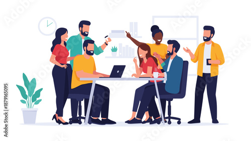 Diverse group of colleagues laughing and interacting during a business meeting, symbolizing teamwork, positive workplace culture, collaboration, and successful professional relationships.