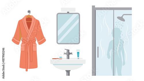 Bathroom scene with a hanging orange bathrobe, a sink with a mirror, and a shower with a person inside, symbolizing hygiene, self-care, and daily routines in a modern home.