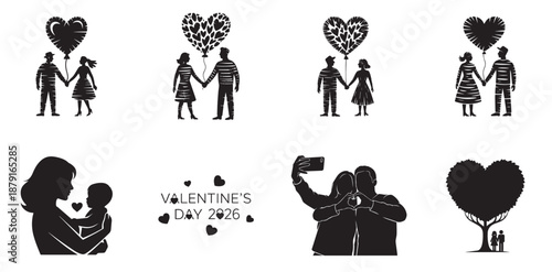 Love's Many Forms: A collection of endearing silhouettes capturing the essence of love and connection. Featuring couples, families, and Valentine's Day celebrations.