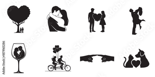 Love's Embrace: Collection of silhouettes representing love, intimacy, and connection, portraying couples in various romantic scenes.