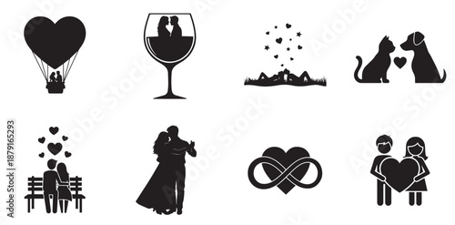 Collection of Love and Romance Icons: A curated collection of eight diverse icons that represent love, affection, and commitment, including a romantic couple, dancing silhouette, pets.