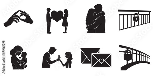 Love and Affection: A set of black and white silhouettes depicting various scenes of love, affection, romance, and relationships. These range from hand gestures to embrace and romantic gift giving. 