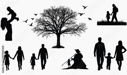 silhouette of family members and a tree with birds flying around
