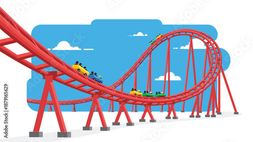 Exciting red roller coaster with colorful cars on a looping track against a blue sky, symbolizing thrill, adventure, amusement parks, and exhilarating entertainment for all ages.