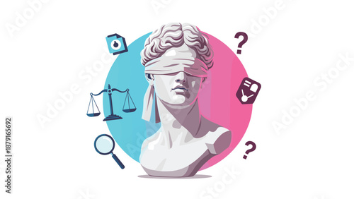 Bust of Lady Justice with a blindfold, surrounded by legal symbols like scales, a magnifying glass, and question marks, symbolizing law, justice, ethics, and the complexities of legal systems.