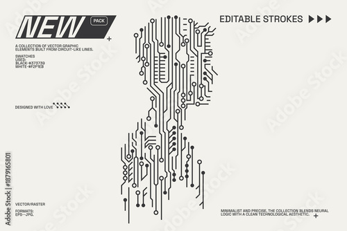 Abstract circuitry designs showcasing geometric and minimalist aesthetics with editable strokes