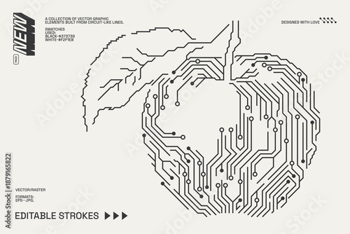 Abstract circuitry designs showcasing geometric and minimalist aesthetics with editable strokes