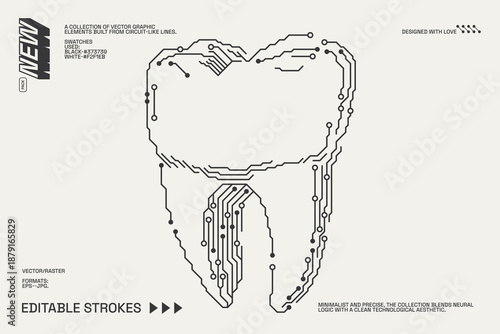 Geometric tooth illustration with circuit patterns. A minimalist vector design