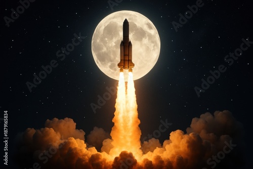 Rocket launch against full moon space exploration night sky dramatic view scientific advancement