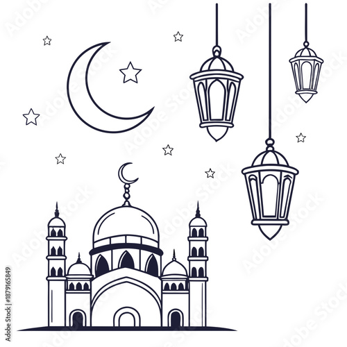 Beautiful mosque with crescent moon and lanterns at night
