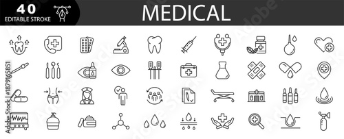 Medicine and Health icon.  Medical care service symbol collection. Editable stroke. Vector illustration