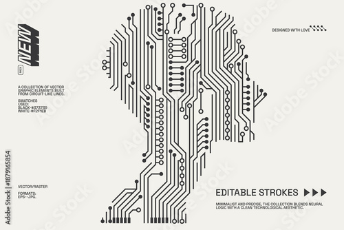 Abstract circuitry designs showcasing geometric and minimalist aesthetics with editable strokes