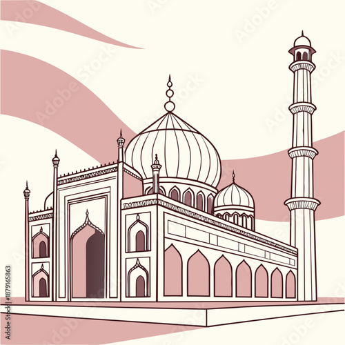 Beautiful mosque with dome and minaret in pink and white hues