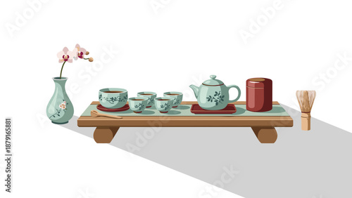 Traditional Japanese tea set with green and red accents, a vase of orchids, and a bamboo whisk, symbolizing tea ceremonies, culture, and peaceful moments in a minimalist setting.