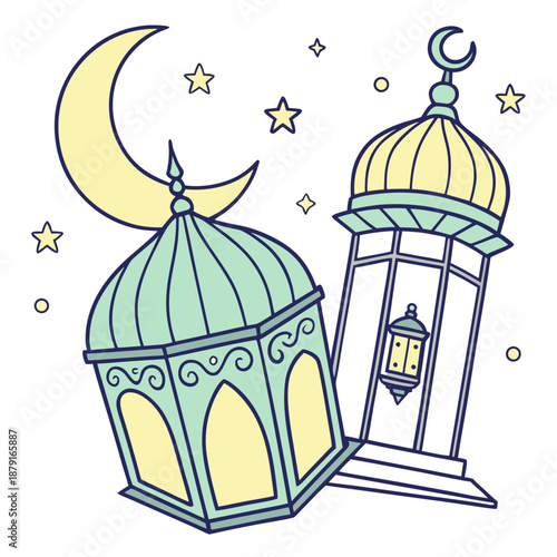 Vibrant lanterns under crescent moon and stars, festive Ramadan decoration