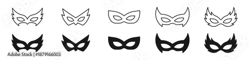 Superhero eye mask icon set, comic-style disguise silhouettes, vigilante costume symbol collection. Vector illustration.