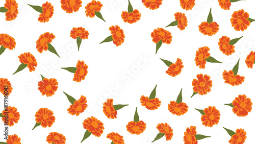 Seamless pattern of vibrant orange marigold flowers scattered across a white background, symbolizing celebration, festivity, autumn, and natural beauty in a cheerful design.