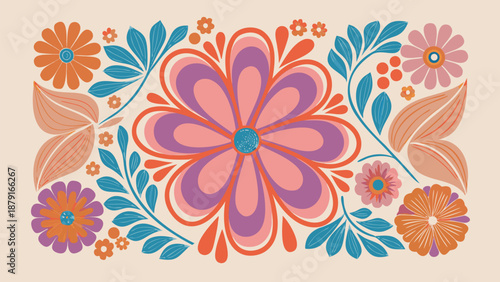 Vibrant floral pattern with large pink and purple flower surrounded by colorful blooms and leaves on beige background