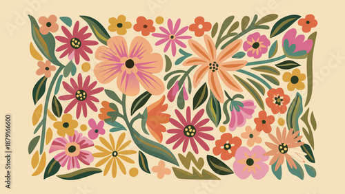 Vibrant floral pattern with pink orange and yellow flowers on green stems and leaves against a beige background perfect for design and decoration