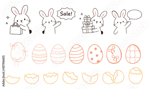 Cute Easter bunny illustration set with shopping poses, gift boxes, sale message, decorated eggs, and cracked egg shells in soft hand drawn line art style for spring promotions and festive designs.