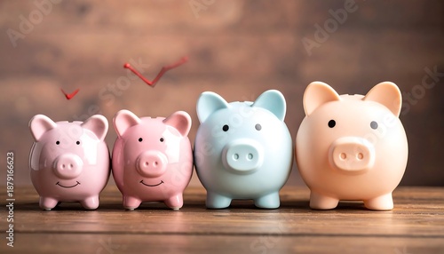 Four colorful piggy banks on a wooden surface with a rising red line graphic above