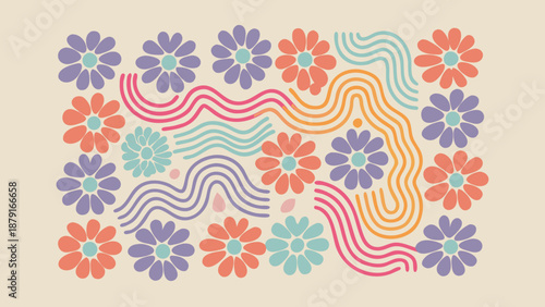 Colorful floral pattern with wavy lines on beige background abstract flowers in purple orange and teal hues decorative design element for creative projects and artistic use