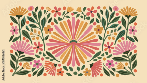 Vibrant floral pattern with pink orange and yellow flowers on green stems and leaves set against a soft cream background perfect for decorative designs