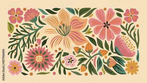 Vibrant floral pattern with pink yellow and orange flowers on green leaves decorative botanical design for backgrounds textiles and stationery