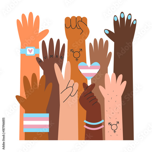 Transgender hands, awareness and visibility banner. Cisgender and genderqueer silhouettes with trans flag colors and symbols. Diversity concept.