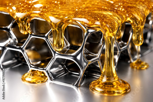 Sweet Essence: A close-up shot of golden honey cascading from a honeycomb, depicting the natural, unadulterated goodness of nature's finest nectar.