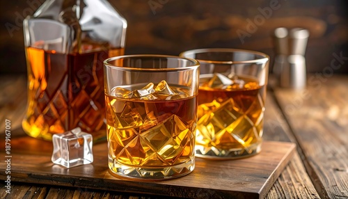 Elegant crystal decanter and two glasses of golden whiskey with ice on a rustic wooden board.