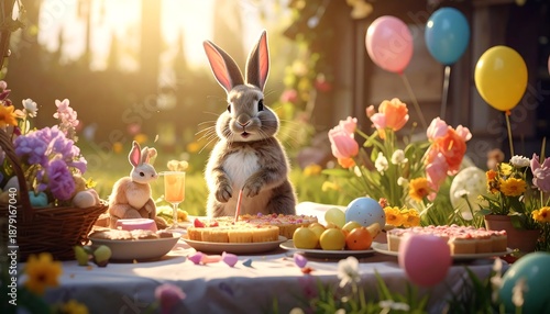 A joyous scene showing a bunny amidst an Easter party with cake, flowers, and balloons