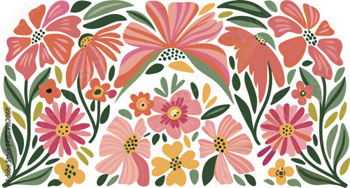 Vibrant floral arrangement with pink orange and yellow flowers on green stems and leaves on white background