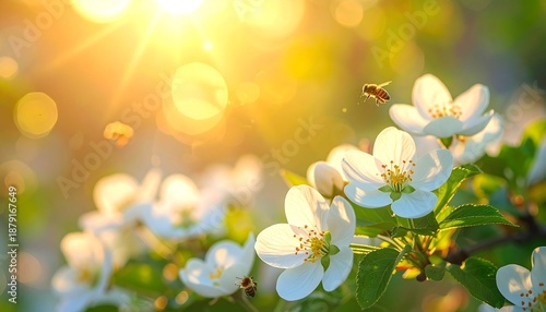 Spring bloom with white blossoms bathed in golden sunlight, bees fly among them