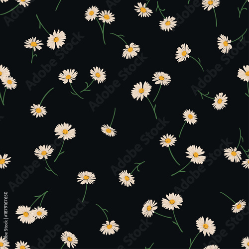 Floral seamless pattern in bloom, botanical motifs scattered randomly. Vector hand-drawn, for fashion, print, textile, fabric, wallpaper background