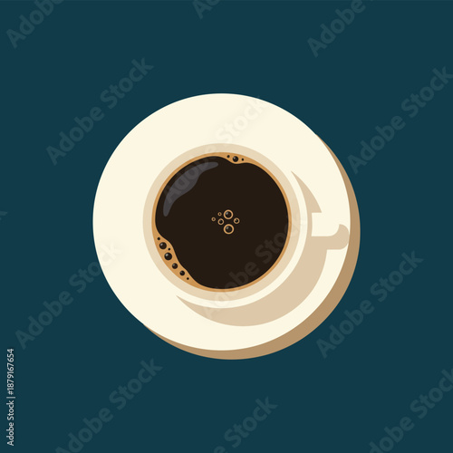 Overhead view of a white coffee cup filled with dark coffee and foam drink beverage