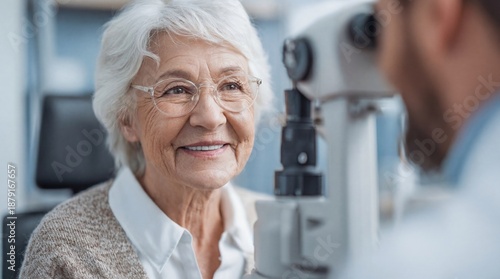 Elderly woman smiling happily during a vision test at an optometry clinic, receiving professional healthcare from an ophthalmologist examining her eyes with a slit lamp for a precise diagnosis