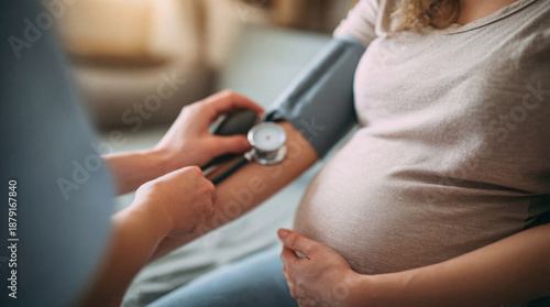 Healthcare professional checking a pregnant woman's blood pressure with a stethoscope and cuff during a prenatal checkup, ensuring maternal and fetal health
