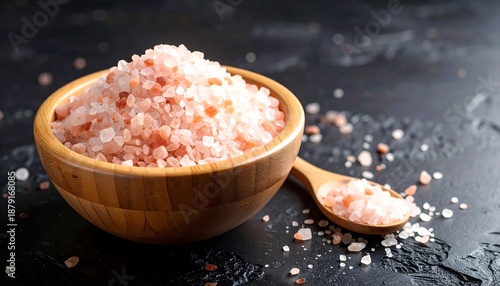 Pink Himalayan rock salt crystals in a bamboo bowl with a wooden spoon on a dark slate background.