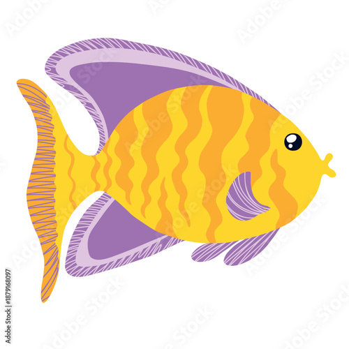 Cute kids style yellow and purple tropical fish isolated underwater sea animal vector illustration